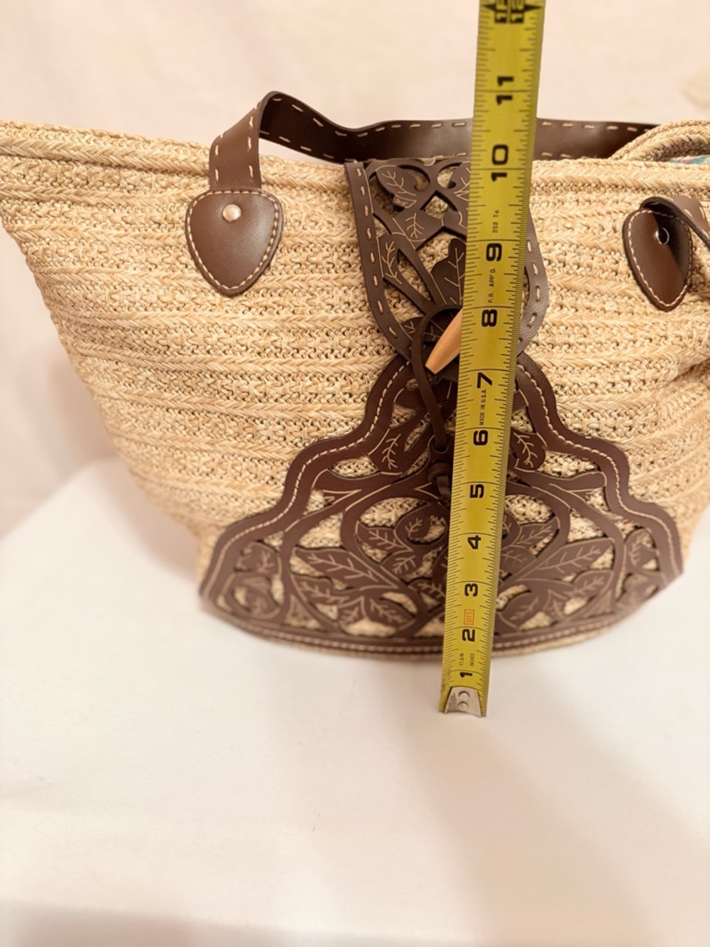 Woven Straw Tote with Decorative Brown Leather Overlay - Picture 7 of 7